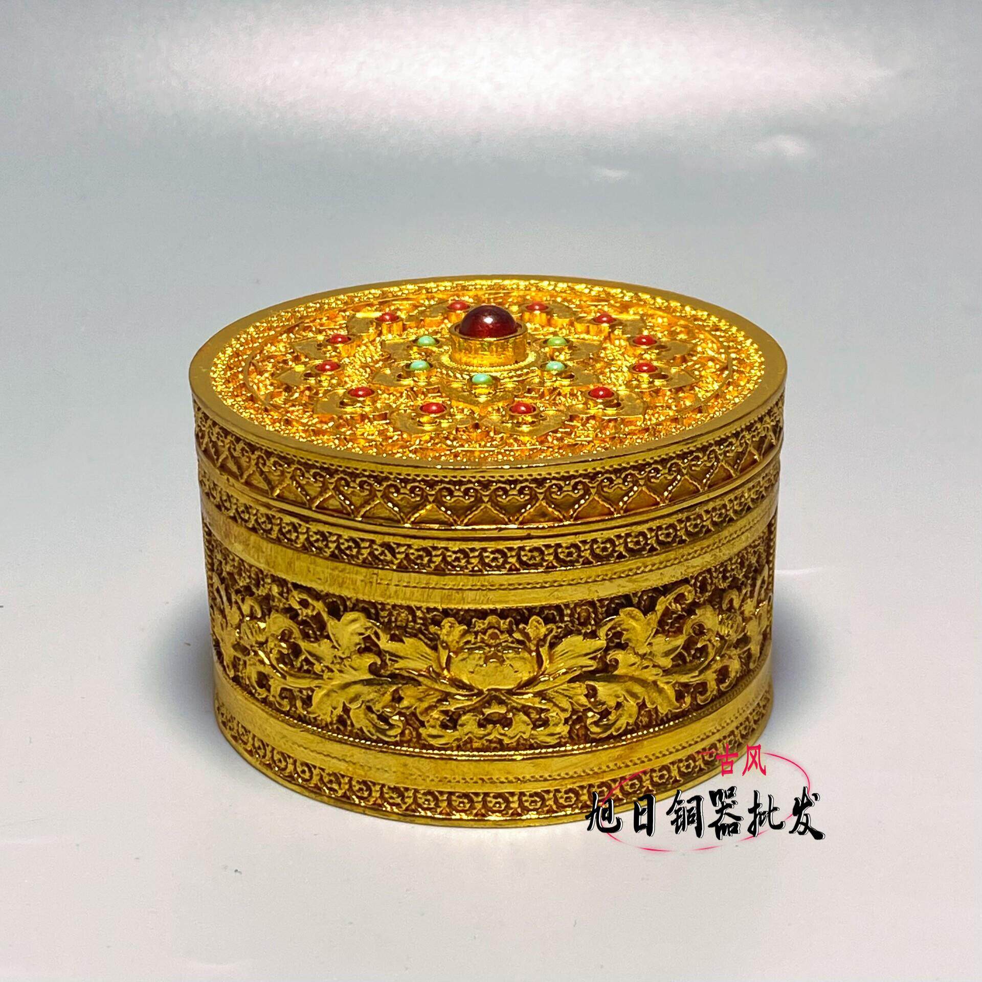 仿古铜器镀金牡丹花开首饰盒宝石首饰盒镂空花丝圆盒家居装饰摆件