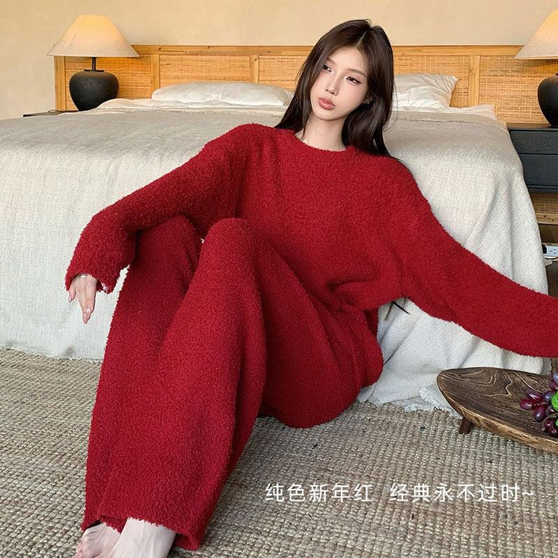 软绵绵半边绒睡衣女秋冬季加厚毛绒保暖本命红色珊瑚绒家居服套装