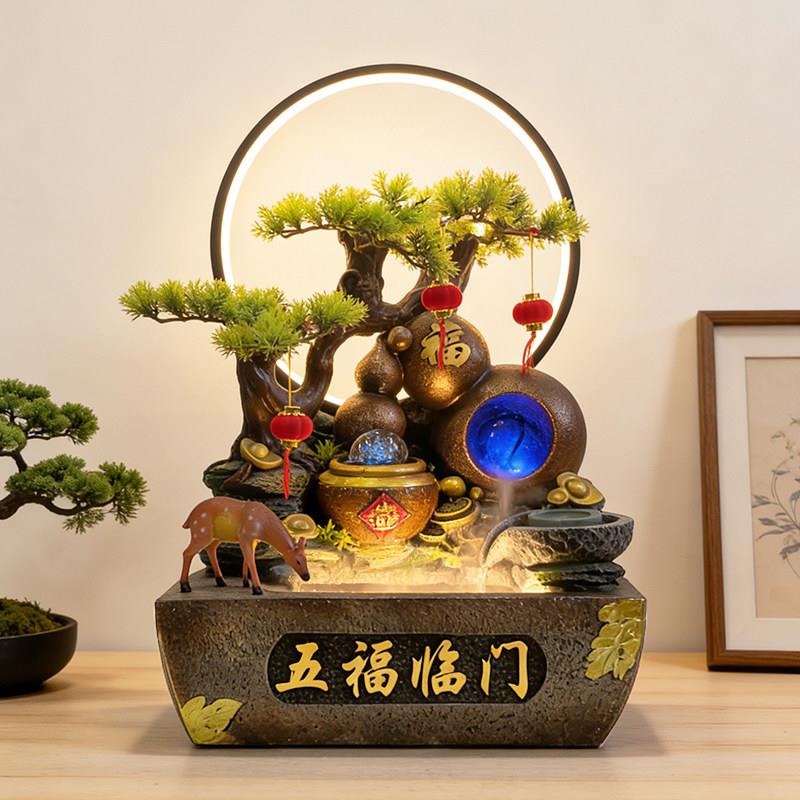 新中式招财流水摆件循环水公司店铺桌面客厅风水轮装饰品开业礼物