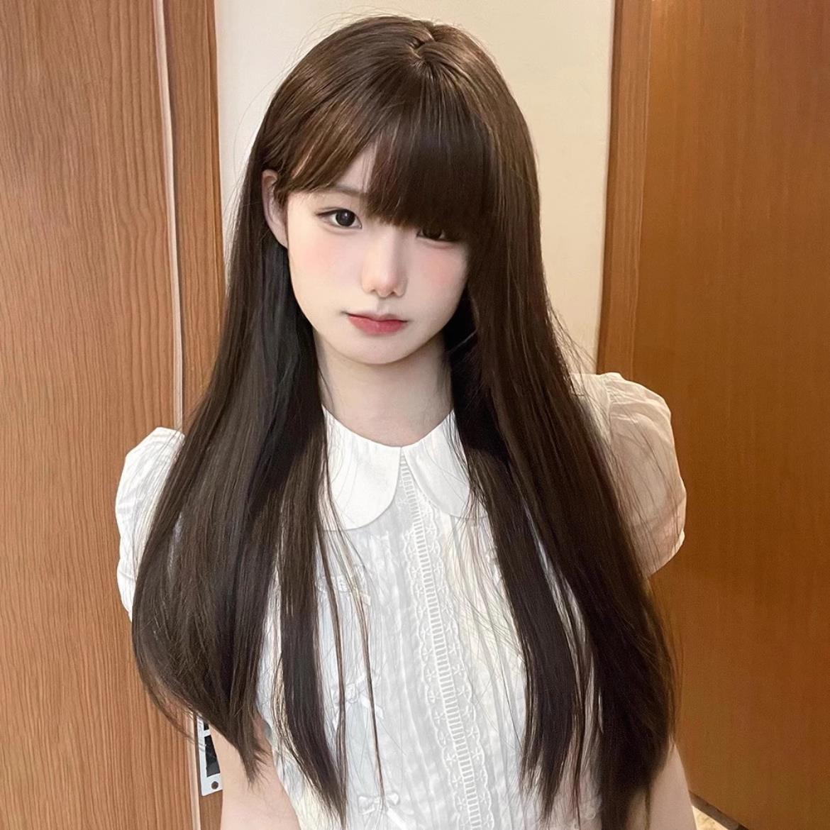 假发女齐刘海棕黑色长直发圆脸lolita日常万用黑长直JK假发全头套