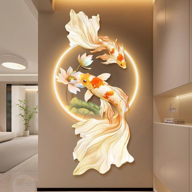 锦鲤鱼莲花玄关走廊入户挂画 画带灯发光led气氛灯高级感装饰画