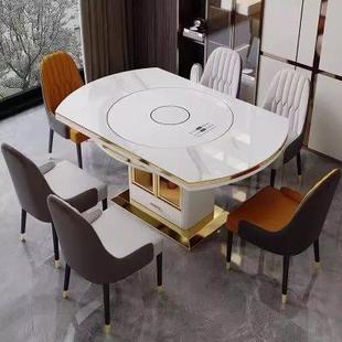 转盘现代简约小户型家用饭桌 轻奢岩板伸缩餐桌多功能圆桌嵌入式