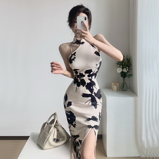 速发妩媚旗袍年轻款气质礼端晚挂服改良式性感露肩中长款高脖连衣