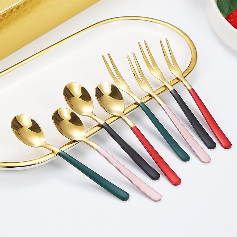 304不锈钢加厚水果叉咖啡勺 韩式家用创意水果签网红甜品叉勺套装