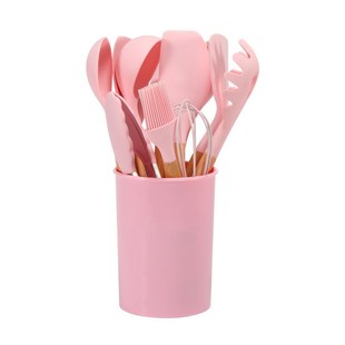 木柄硅胶厨具12件套 kitchenware 榉木r烹饪铲勺漏铲套装 带收纳桶