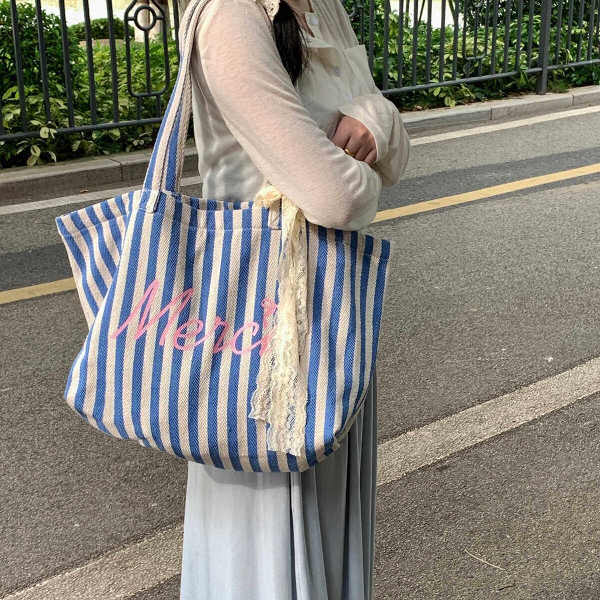 HURIDOM 2026春夏新款条纹韩版ins风Merci休闲帆布包女大容量包袋