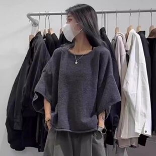 设计感灰色卷边针织半袖 小众独特别致宽松上衣潮 毛衣女春秋冬新款