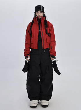 KEEPMONEY小众单板滑雪服套装加绒防水红色中国结滑雪背带裤女款