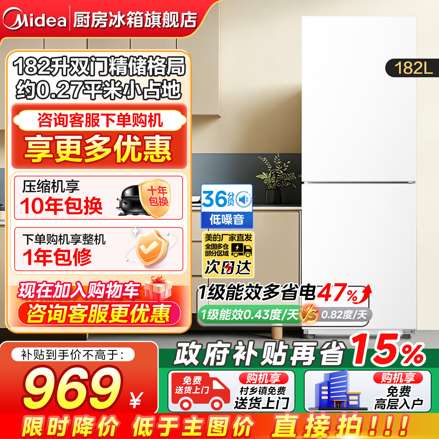 美的新品191租房宿舍节能低噪冷冻冷藏小型家用两门一级能效冰箱