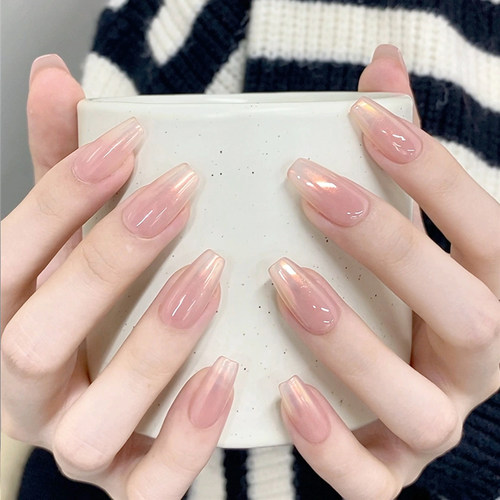 植兔落日极光手工穿戴甲水蜜桃粉嫩裸色腮红渐变贴片成品中梯美甲