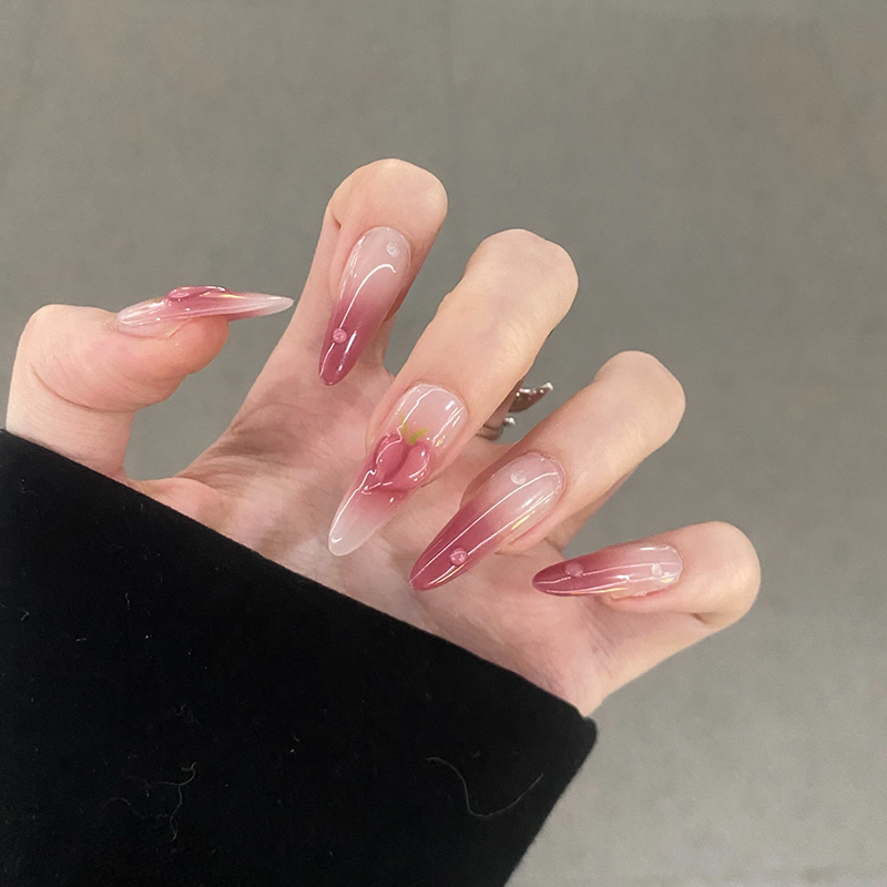水蜜桃渐变美甲手工穿戴甲腮红显白杏仁长款