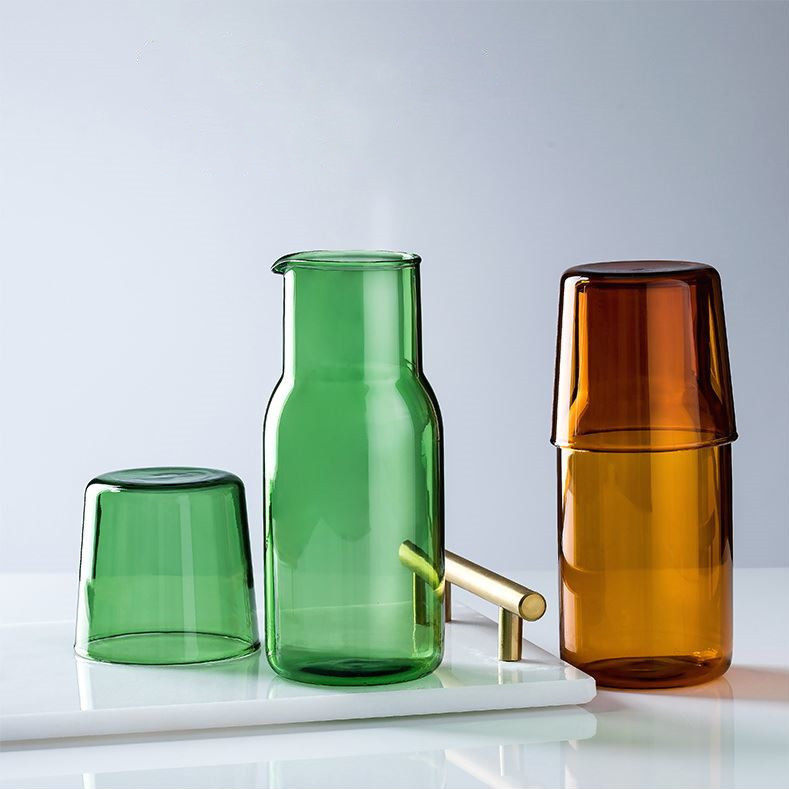 一人饮果汁饮料冷水壶 彩色高硼硅玻璃一壶一杯凉水壶套装