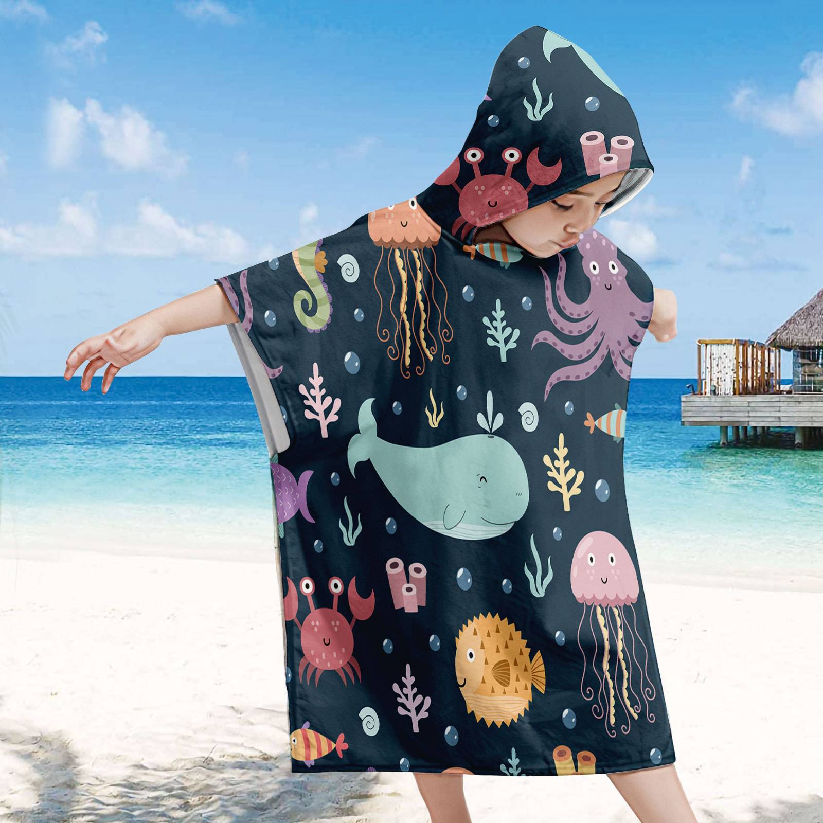 海洋款儿童沙滩连帽斗篷海滩换衣巾游泳可穿印花专制浴巾浴袍