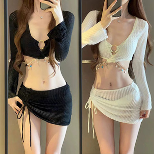 比基尼性感泳衣女款涤纶分体四件套长袖罩衫包裙纯色温泉泳装