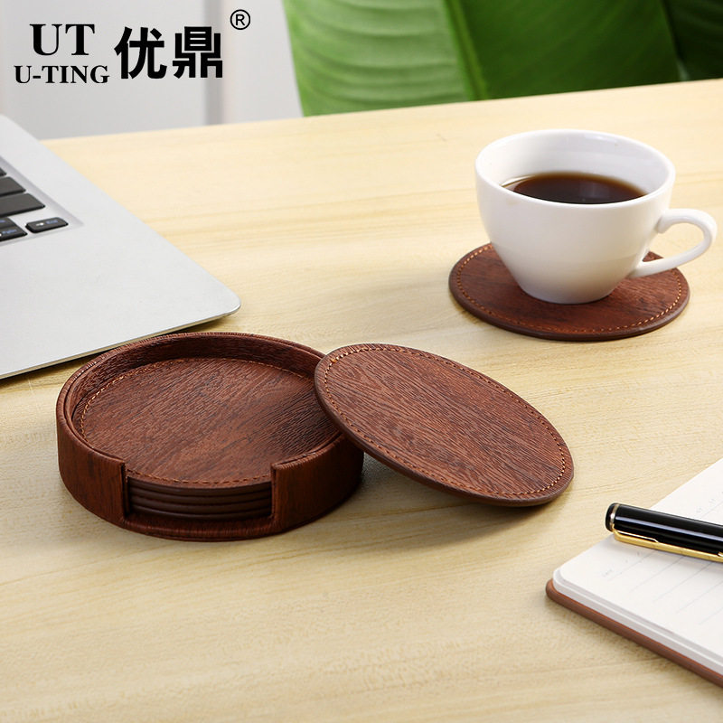 家用时尚简约圆形皮革酒店杯垫杯子垫双面皮革隔热茶杯垫隔热