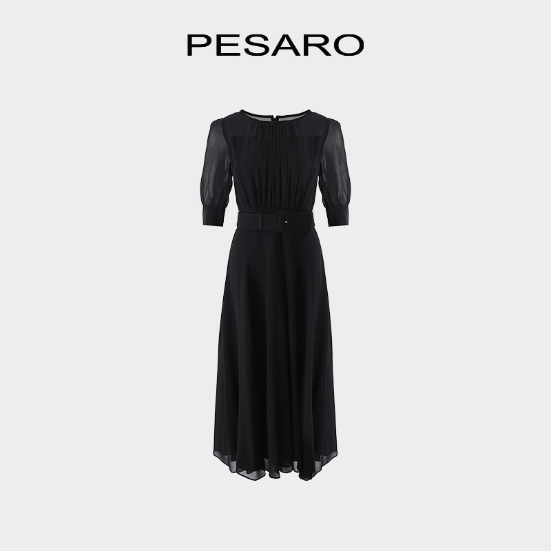PESARO温柔风黑色连衣裙女七分袖收腰显瘦气质裙中长款5109-2011