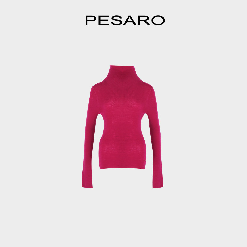 PESARO黄蕙玲修身款玫红色高领毛衣绵羊毛衫 简约气质内搭
