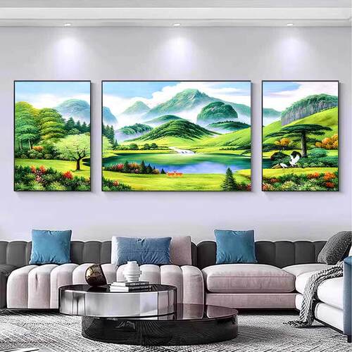 山水画客厅装饰画三联画大气2025新款现代简约挂画沙发背景墙壁画