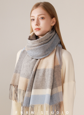 精选时尚高级感格子纯羊毛围巾冬季女款韩版百搭超大保暖羊绒围脖