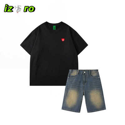 IZRO夏季男女同款新款宽松百搭时尚T恤+牛仔短裤休闲运动套装ins