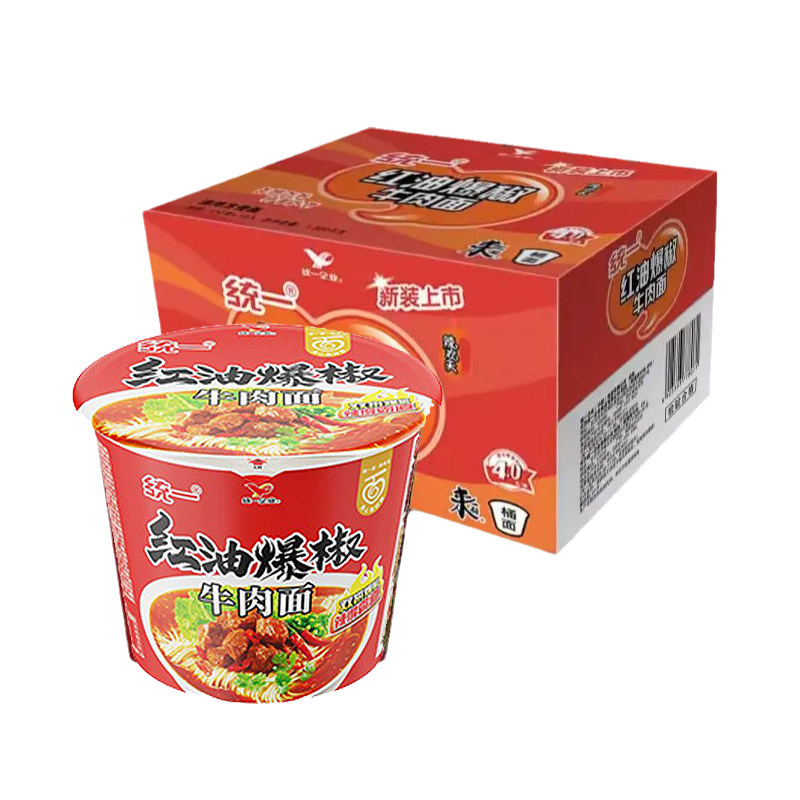 统一来一桶红油爆椒牛肉面整箱装12桶方便面桶装速食宵夜食品泡面