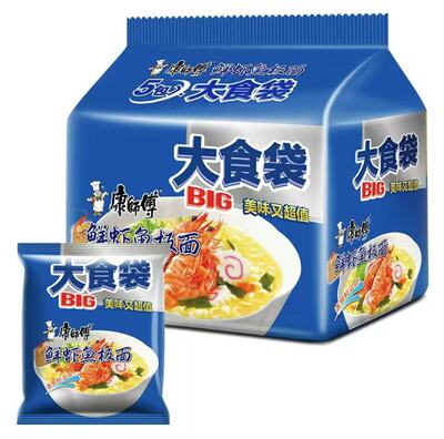 康师傅大食袋鲜虾鱼板面120g*5袋鲜美单包连包随机发出