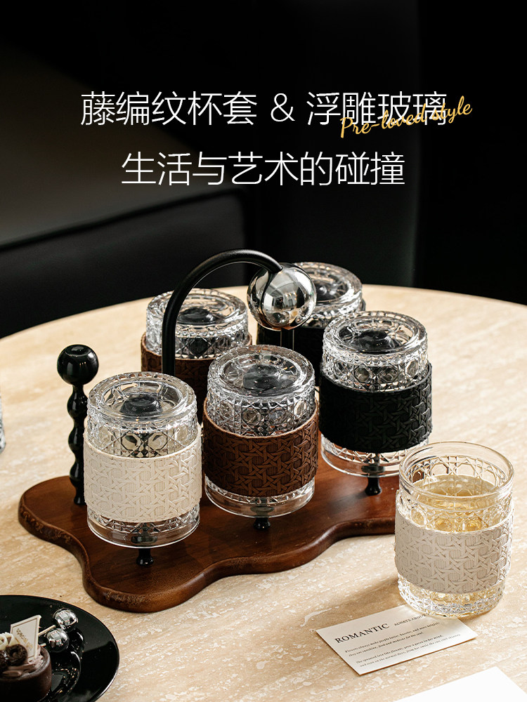 高颜值客厅家用喝水皮革水杯高级感轻奢喝水玻璃杯子带杯架套装