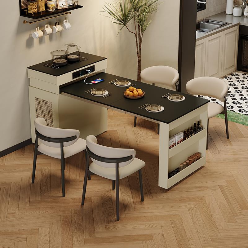 实木窄岛台餐桌一体可折叠伸缩餐桌家用小户型饭厅厨房饭桌吧台