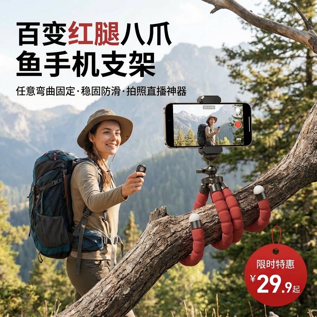 一个人旅游自拍神器八爪鱼手机支架2026新款拍摄vlog直播懒人拍照神器旅游便携带蓝牙遥控多功能自拍杆桌面稳