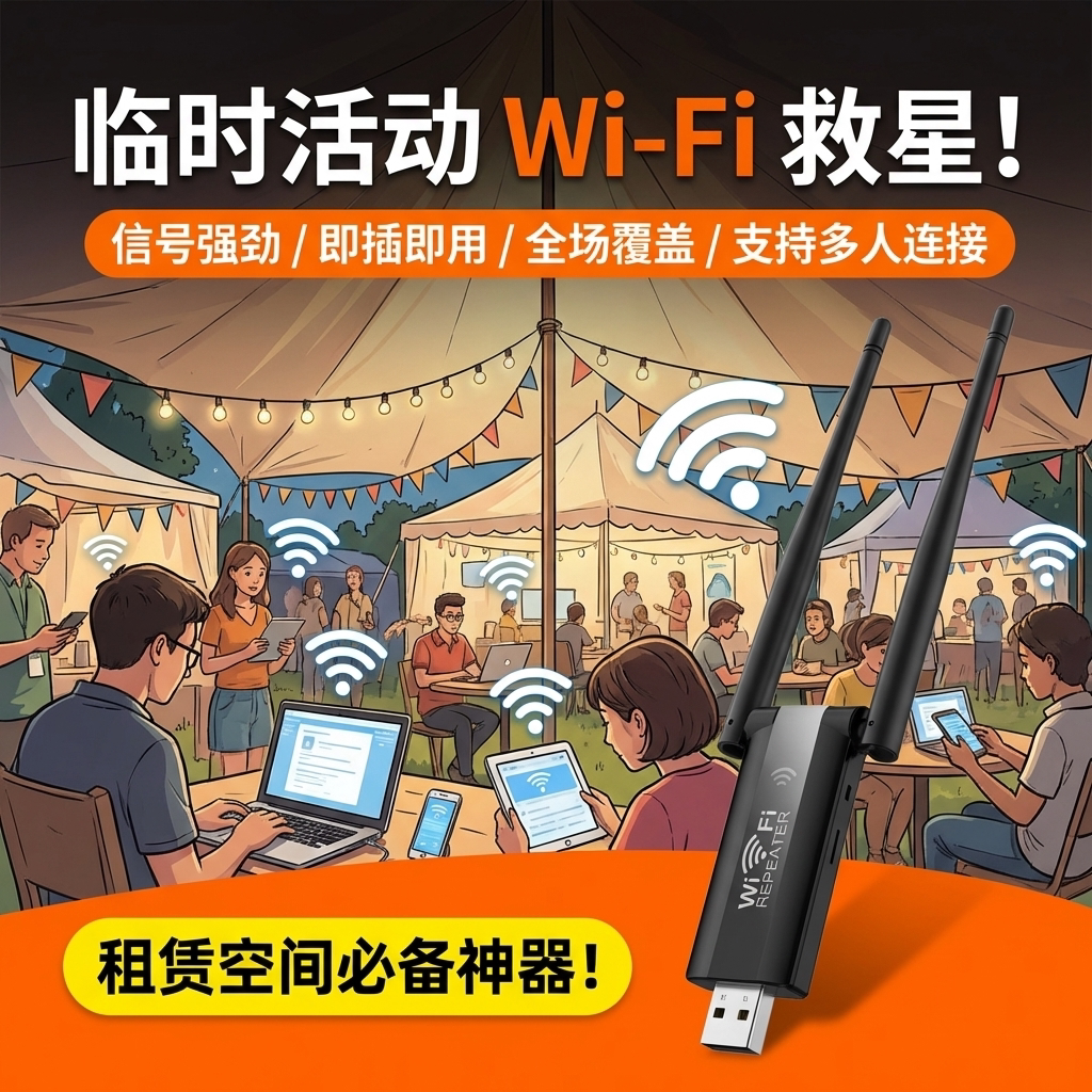 临时活动专用WiFi信号放大器增强无线扩展展会聚会快速部署穿墙王中继信号即插即用免调试