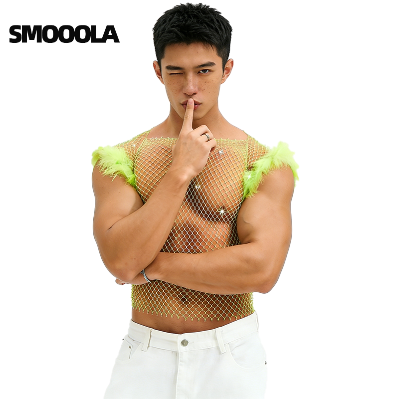 渔网钻石闪钻男装烫钻派对透视小背心上衣镂空