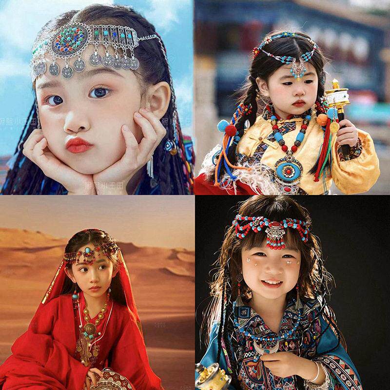 六一儿童表演民族舞头饰藏族流苏额饰汉服眉心坠编发发饰辫子