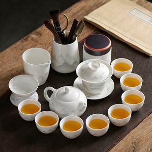 家用客厅轻奢盖碗茶杯陶瓷泡茶壶办公室 德化白瓷功夫茶具套装