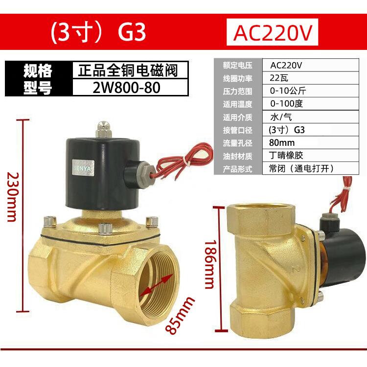 全铜大口径电磁阀220V24V水阀气阀2.5寸 2W650-65 2W800-80 3寸