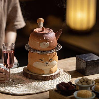 柴犬围炉煮茶炭炉套装家用木炭烧烤火炉粗陶烧水煮茶壶取暖碳炉子