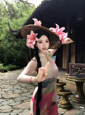 新中式百合花竹编镂空斗笠帽
