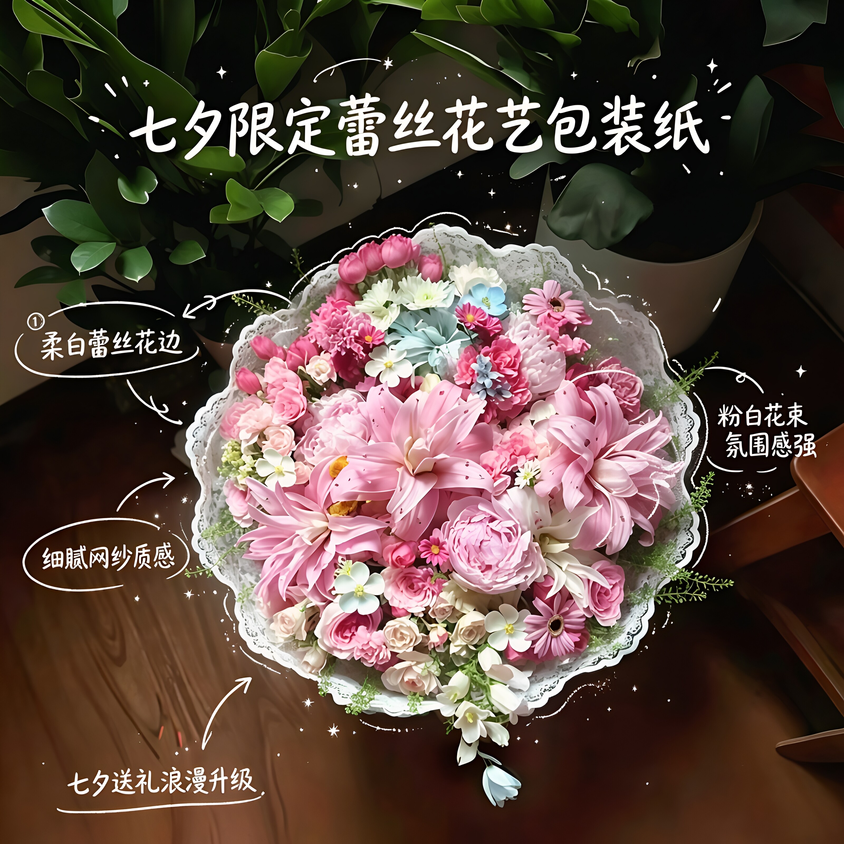 韩系ins风草莓杏仁饼蕾丝花艺包装纸花店七夕限定送女友表白神器