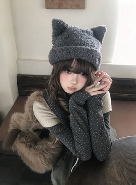 日系复古猫耳针织帽软糯卷边冷帽