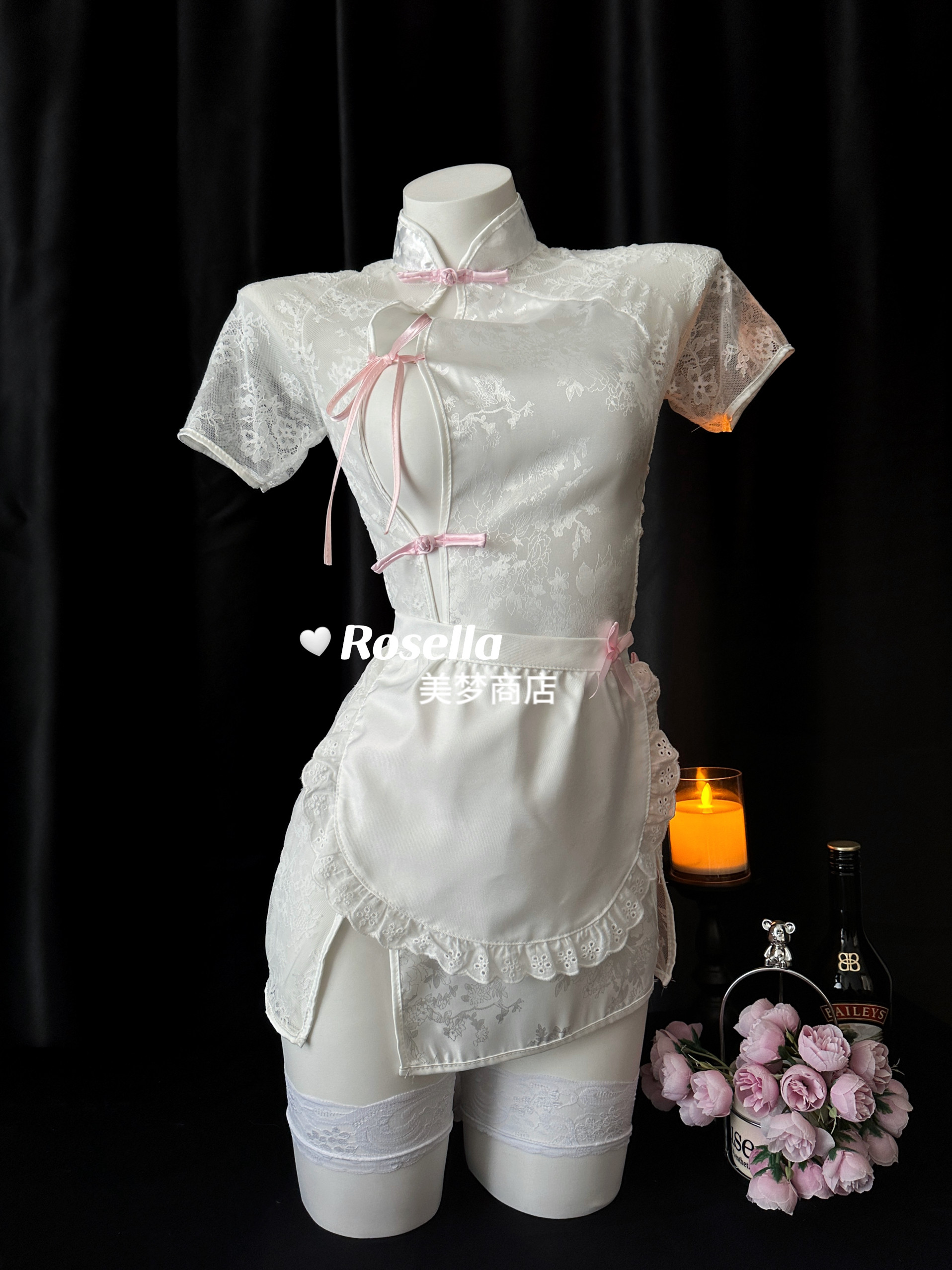 Rosella梦中缠绵  新中式排扣柔软蕾丝半透网纱睡裙性感约会旗袍,女士内衣/男士内衣/家居服,睡裙,淘宝优惠券,粉丝福利购,淘宝优惠卷