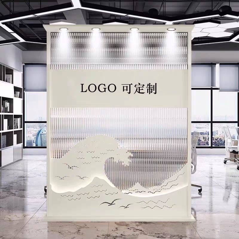 公司企业简约铁艺屏风隔断办公室前台玄关客厅可移动背景形象墙