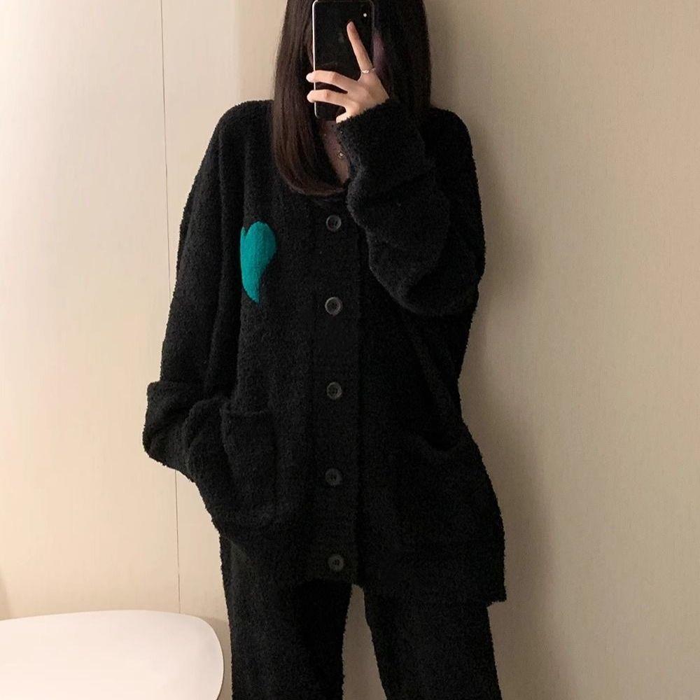 新款韩版睡衣女秋冬时尚网红高级感开衫上衣黑色珊瑚绒家居服套装