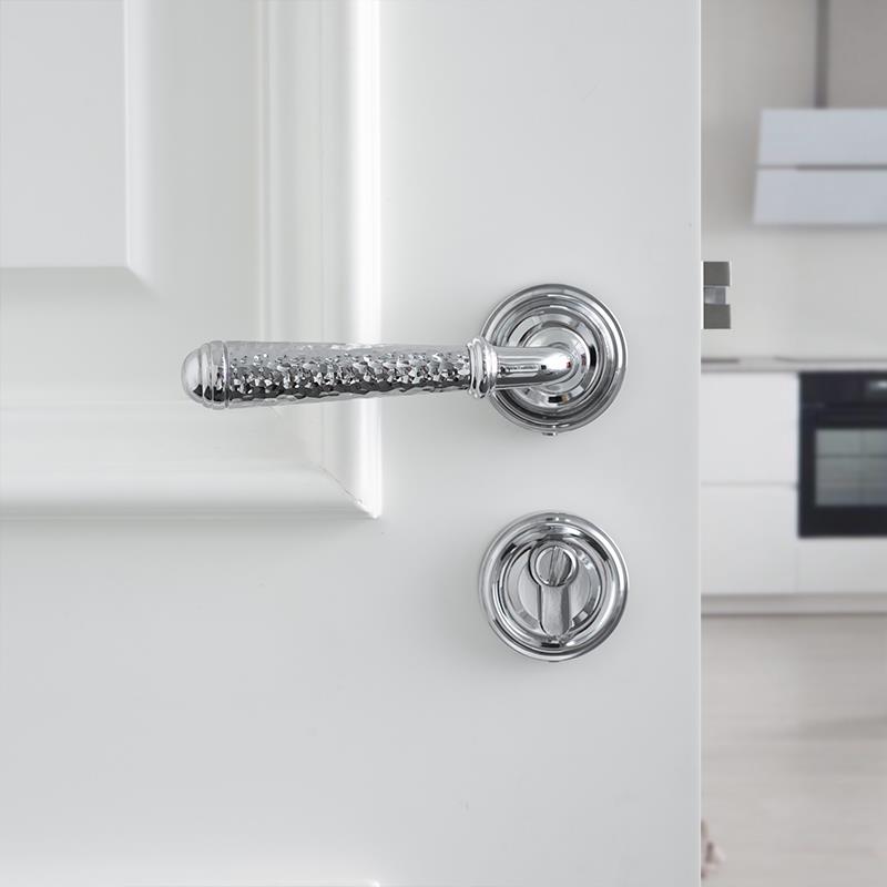 INDOORS中古极简银色黄铜卫生间门锁纯铜静音家用锁具锤纹门把手