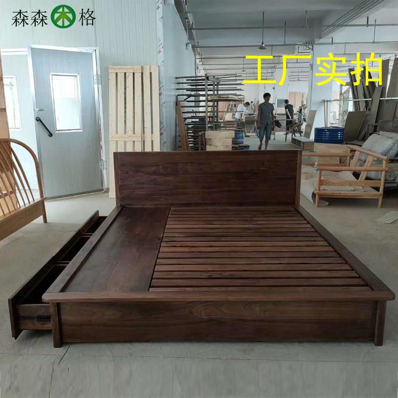 北欧全黑胡桃木实木床定做 落地榻榻米低矮床1.8米箱体气压收纳床