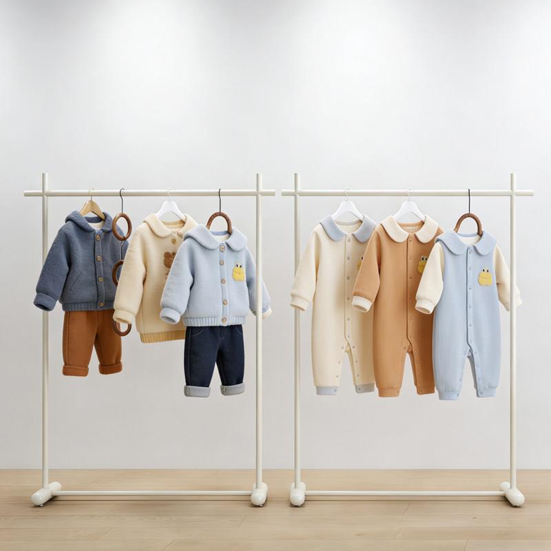 奶白色童装店专用架子挂衣架带轮可移动货架侧挂展示架服装店落地
