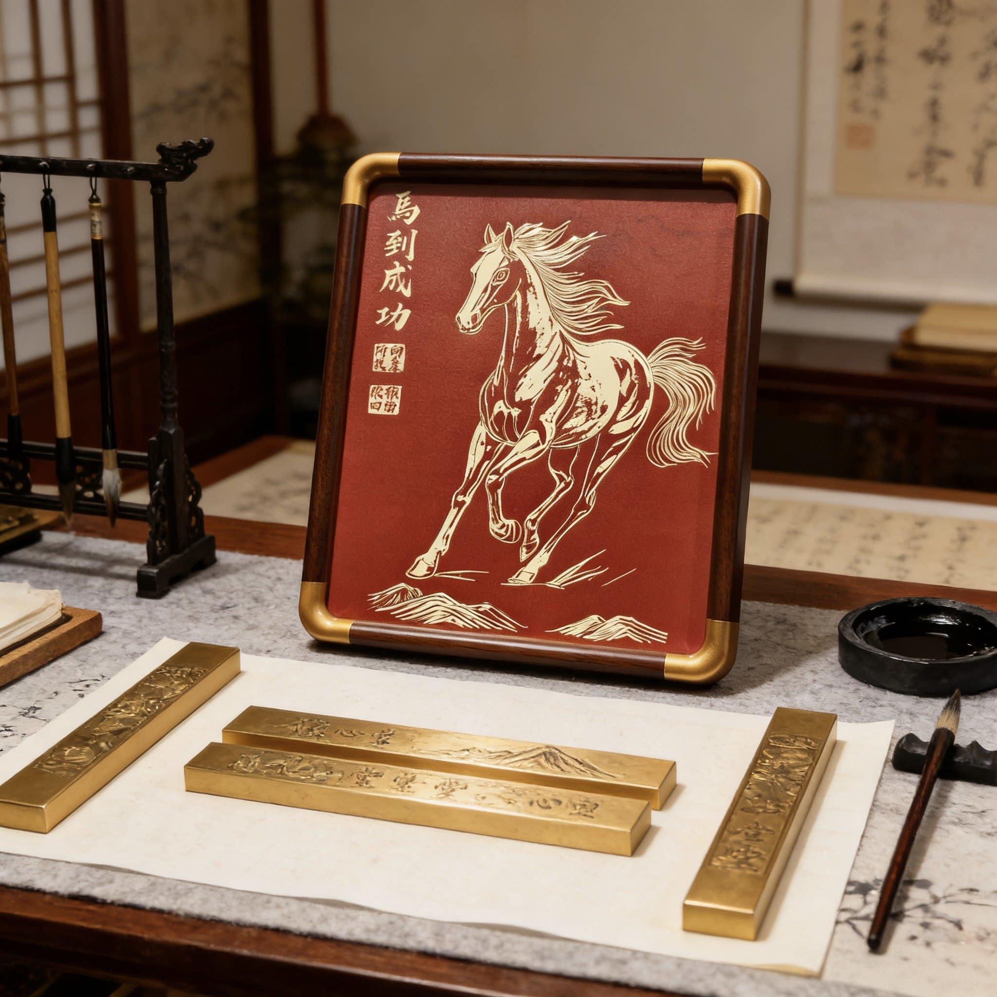 2026马年新品送礼马到成功雕刻铜雕画摆台办公室桌面摆件随礼摆台