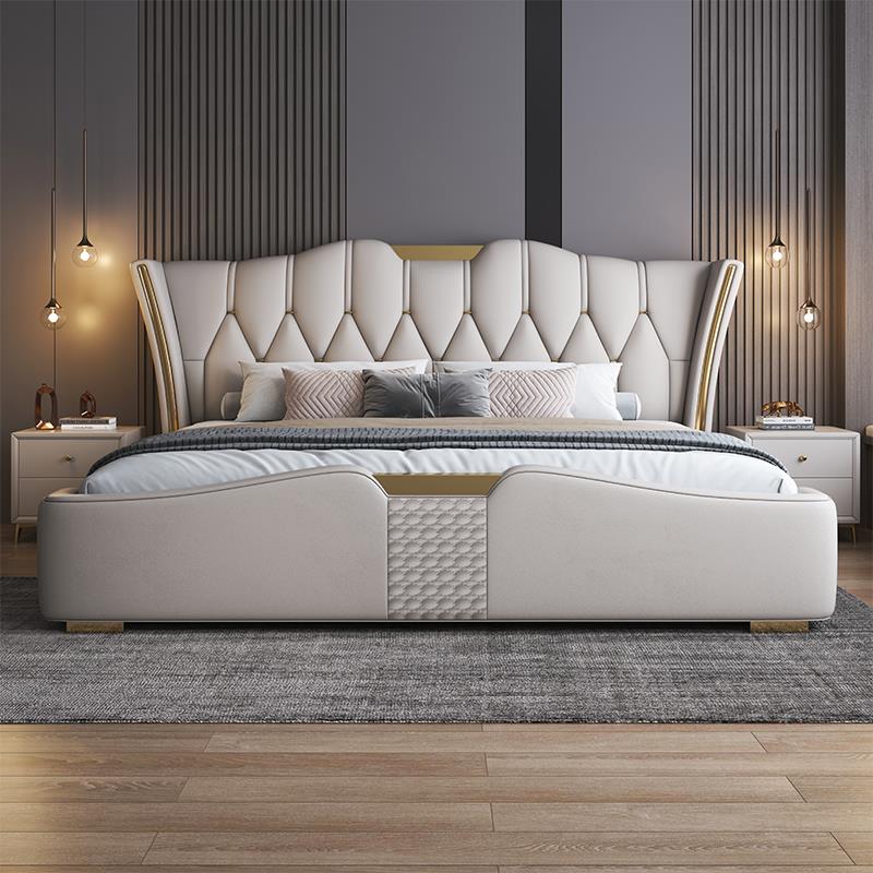 真皮床现代简约主卧1.8米双人床2米2.2m实木大床婚床意式轻奢皮床