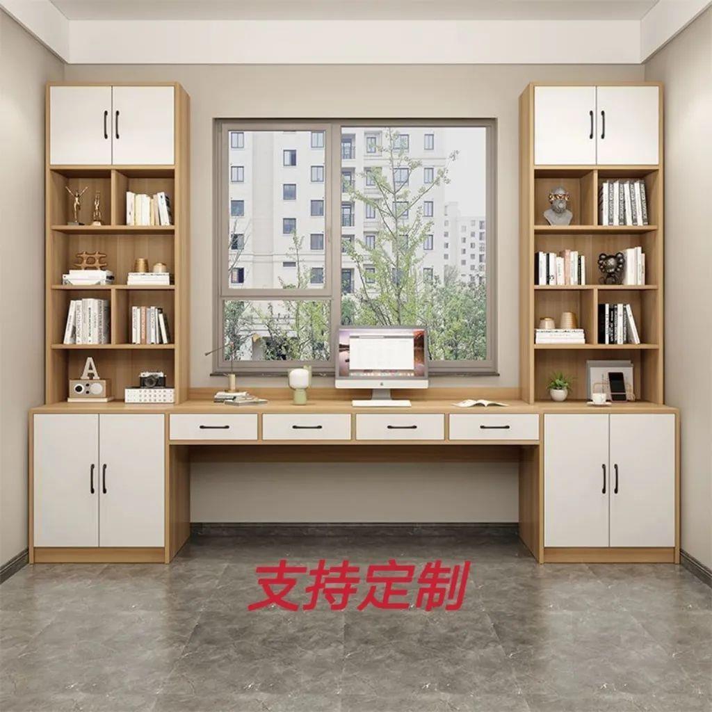 飘窗书架书桌一体整墙小户型定制书架书桌一体阳台电脑桌柜组合