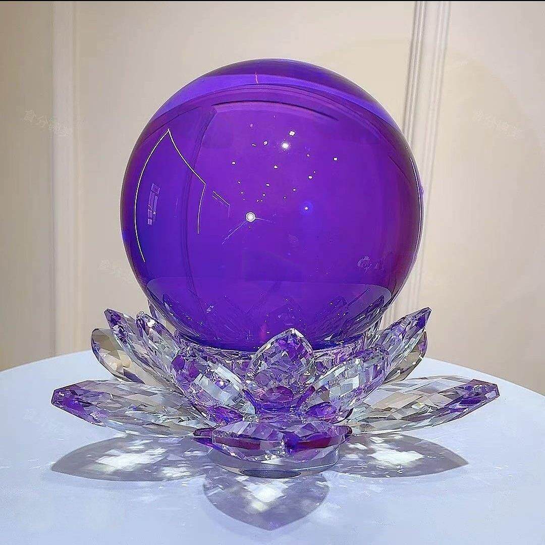 轻奢高档紫色旋转莲花+水晶球摆件开业乔迁礼品玄关装饰品