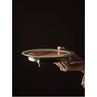 束刻梅子青瓷三足壶承支鼎烧虫蛀铜片双层蓄水干泡台茶盘台正品