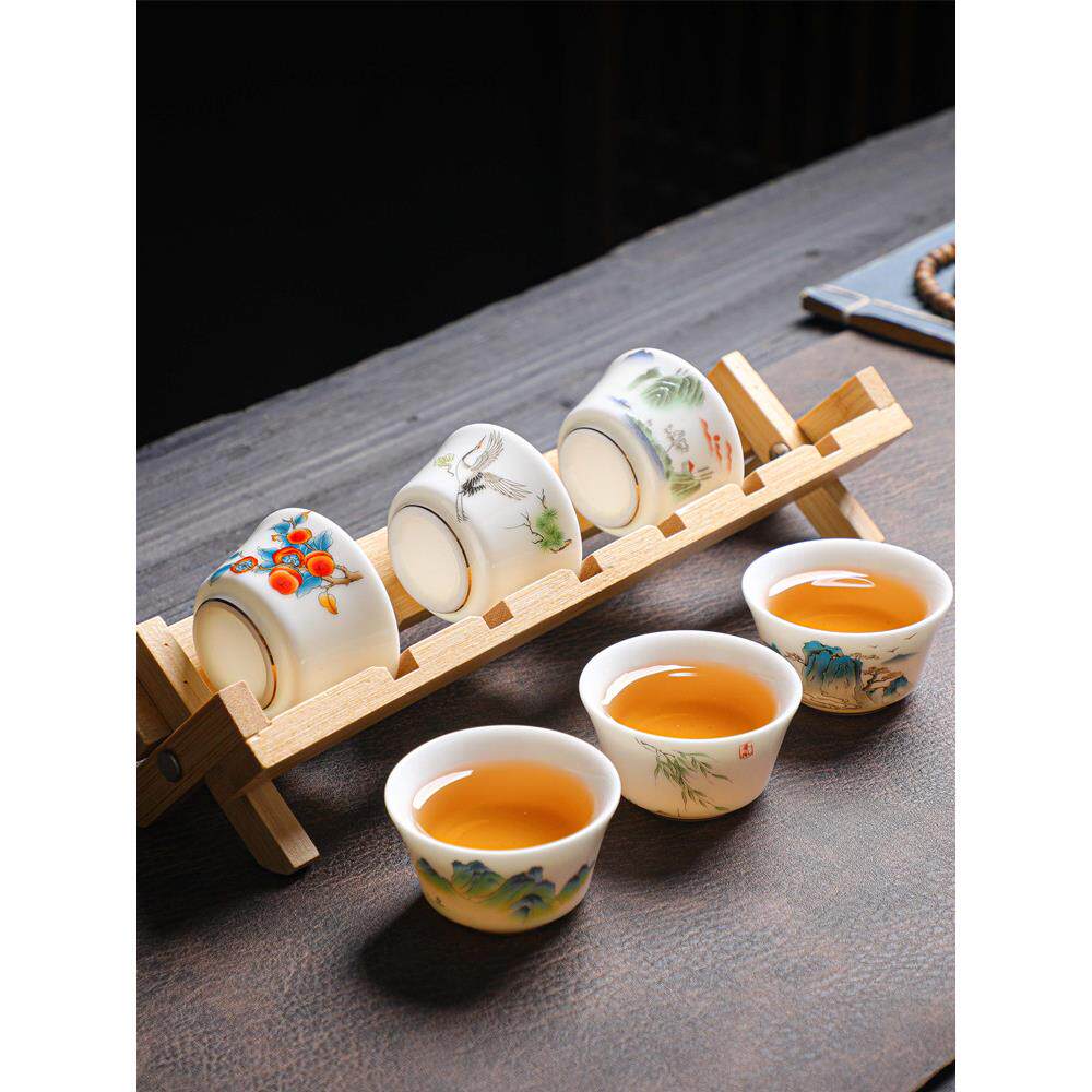 德化羊脂玉白瓷茶具6只装带杯架品茗杯喝茶碗 陶瓷多色小茶盏简约